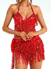 Red Sequin Tassel Two-Piece Set