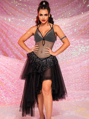 V-Neck Rhinestone Black Dress - Mesh Patchwork Tulle Dress