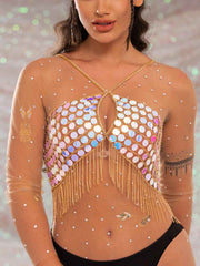 Sequin Fringe Top �Metallic Chain Fringe Sparkly Top