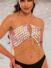 Sequin Fringe Top �Metallic Chain Fringe Sparkly Top