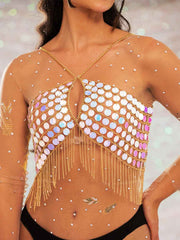 Sequin Fringe Top �Metallic Chain Fringe Sparkly Top