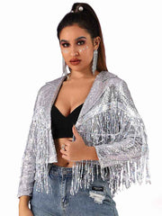 Glitter Tassel Jacket - Silver Women's Party Bomber Jacket