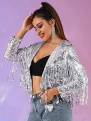 Glitter Tassel Jacket - Silver Women's Party Bomber Jacket