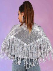 Glitter Tassel Jacket - Silver Women's Party Bomber Jacket