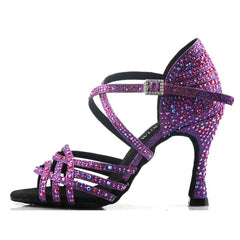 Women's Purple Customized Heel Rhinestones Strappy Dance Shoes