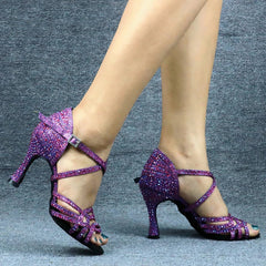 Women's Purple Customized Heel Rhinestones Strappy Dance Shoes