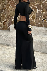 Ruffled Plunge Neck Long Sleeve Cutout Slim Fit Fishtail Maxi Dresses-Black