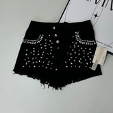 Waterdrop bead fringed denim shorts