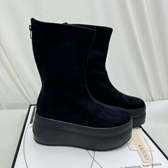 Thick-soled elastic black slim short boots
