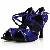 Women's Blue Customized Heel Open Toe Strappy Dance Shoes with Crystals