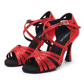 Women's Red Customized Heel Open Toe Strappy Dance Shoes with Crystals