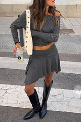 Striped Print Off Shoulder Long Sleeve Top Irregular Mini Skirt Set-Grey