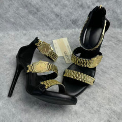 Metallic strap decoration for open-toe high heels