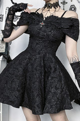 Cold Shoulder Cinch Waist Floral Textured Slip Mini Dresses-Black