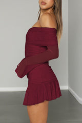 Off Shoulder Boat Neck Long Sleeve Ruched Mini Dresses-Burgundy