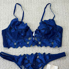 Deep V embroidered lace bra set