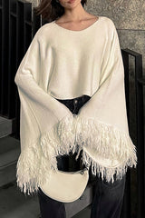 Knit Fringed Cuffs Flare Sleeve Loose Fit Sweater-Beige
