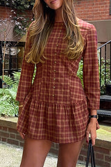Plaid Print Round Neck Long Sleeve Button Up Cinch Waist Mini Dresses-Red