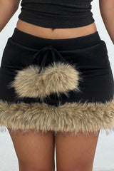 Faux Fur Patchwork Bodycon Tie Up Low-Rise Mini Skirt-Black