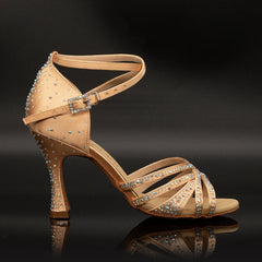 Women's Beige Silk Satin Rhinestones Strappy Latin Dance Shoes Customized Heel