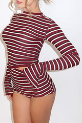 Striped Print Round Neck Flare Sleeve Top Slim Fit Shorts 2pcs Set-Burgundy