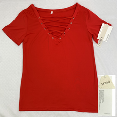 V-neck collar-belt T-shirt top