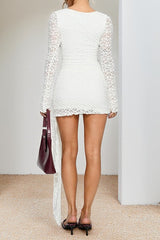 Jacquard Lace Round Neck Long Sleeve Long Sash Slim Fit Mini Dresses-White