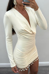 Cowl Neckline Long Sleeve Ruched Bodycon Fringed Trim Mini Dresses-Beige