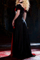 Off Shoulder Playsuit Romper Hearts Print Slit Maxi Skirt Halloween Set-Black