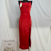 Square Neck Satin Slit Dress