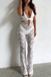 See Through White Lace V Neck Cutout Sleeveless Jumpsuit White