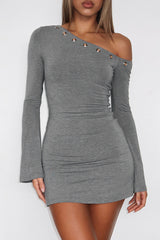 Eyelets Trim Skew Neck Flare Sleeve Plain Slim Fit Mini Dresses-Grey