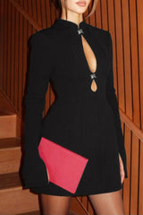 Stand Collar Slit Long Sleeve Cinch Waist Solid Color Mini Dresses-Black