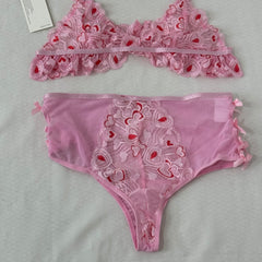 Mesh Heart Embroidery Hollow-Out Lingerie Set