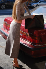 Plaid Print High Neck Long Sleeve Crop Top Fitted Midi Skirt Set-Coffee