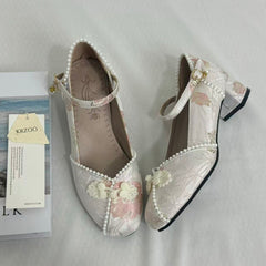 Block-Heel Shoes With Pearl-Embellished Straps