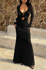Ruffled Plunge Neck Long Sleeve Cutout Slim Fit Fishtail Maxi Dresses-Black