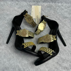 Metallic strap decoration for open-toe high heels