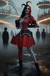 Plaid Striped Print Short Sleeve Halloween Colorblock Mini Dresses-Red