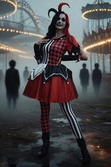 Plaid Striped Print Short Sleeve Halloween Colorblock Mini Dresses-Red