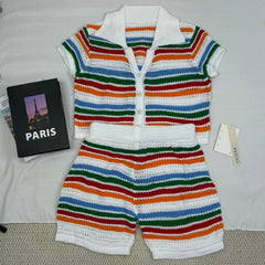 Knitted color-block short-sleeved shorts set
