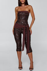 Sequin Strapless Neckline Party Bodycon Crop Jumpsuit-Brown Pre Order