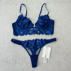 Deep V embroidered lace bra set