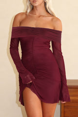 Off Shoulder Boat Neck Long Sleeve Ruched Mini Dresses-Burgundy