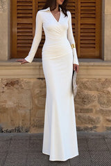 V Neck Long Sleeve Ruched Solid Color Slim Fit Maxi Dresses-White