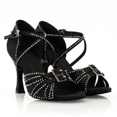 Women's Black Satin Customized Heel Ballroom Dance Shoes Latin Dance Shoes