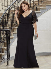 Elegant V Neck Fishtail Evening Gown for Curvy Women