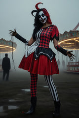 Plaid Striped Print Short Sleeve Halloween Colorblock Mini Dresses-Red