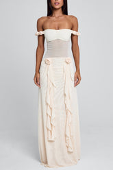 Off Shoulder Mesh Patchwork Rosette Ruffle Maxi Dresses-Beige Pre Order