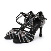 Women's Black Customized Heel Strappy Dance Shoes With Crystals